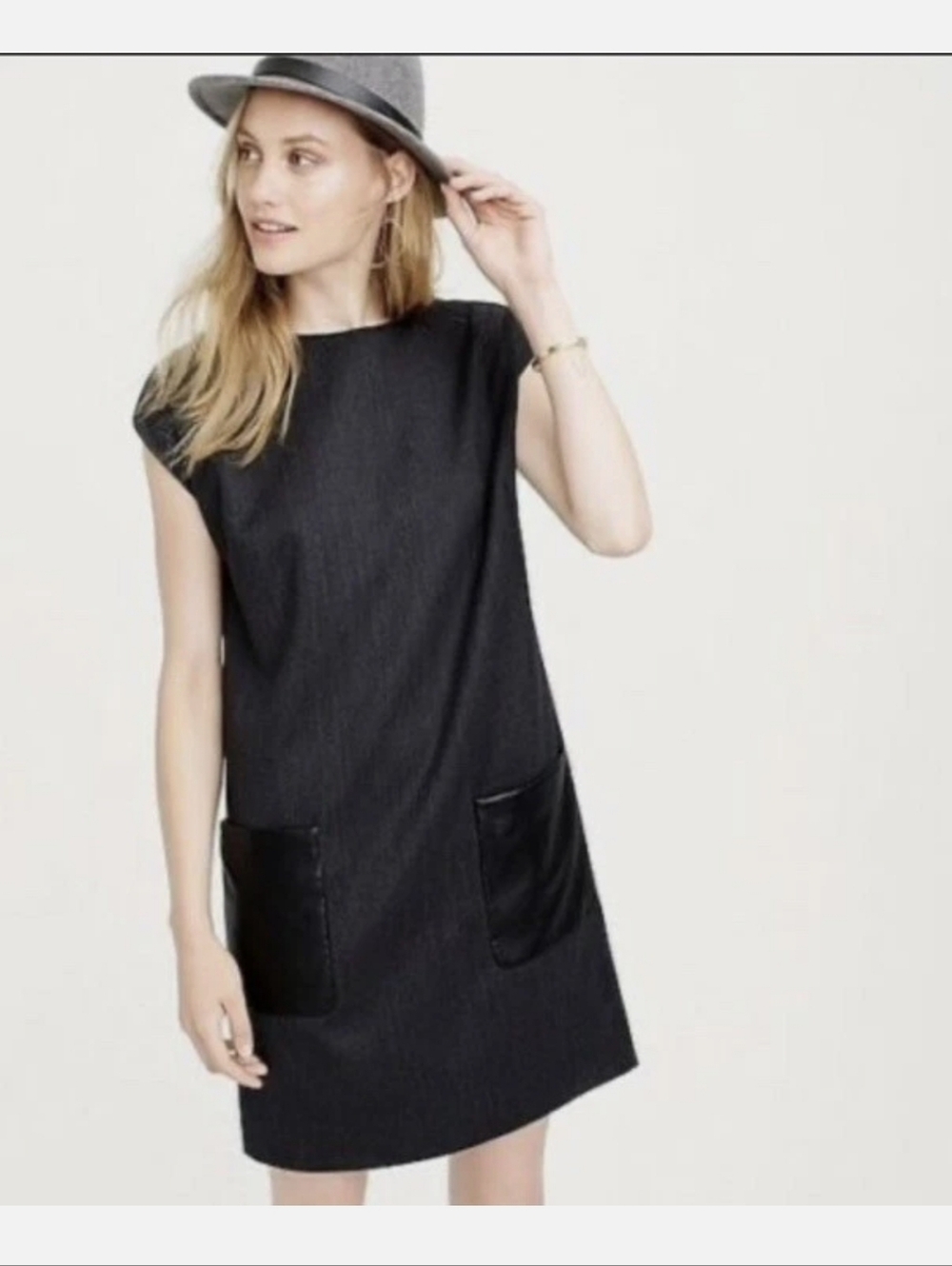 J.Crew Shift Dress Faux Leather Pockets Gray Black Sleeveless Womens Size 0